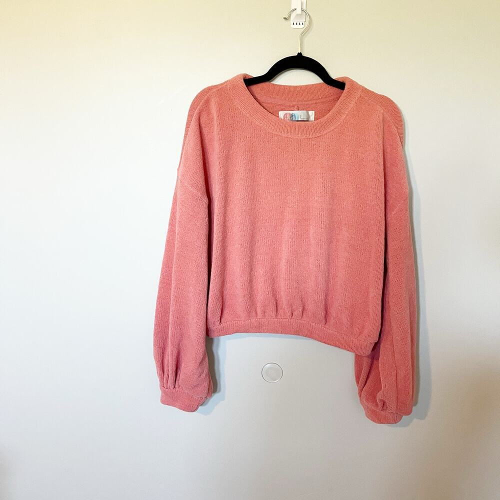 Free People Beach Happy Knit Sweater pink cropped sleeve oversized small‎